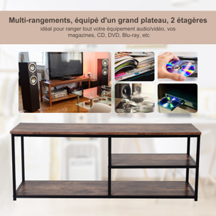 Meuble TV design industriel dim. 120L x 40l x 45H cm grand plateau 2 étagères panneaux particules coloris boisé métal noir