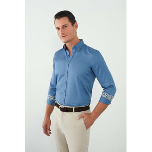 camicia uomo 1 bottone button down slim Satin Unito Blu avion