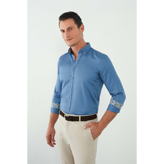 camicia uomo 1 bottone button down slim Satin Unito Blu avion