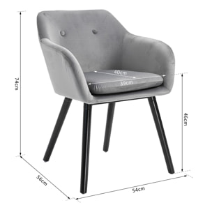 Chaises de visiteur design scandinave - lot de 2 chaises - pieds effilés bois noir - assise dossier accoudoirs ergonomiques velours gris