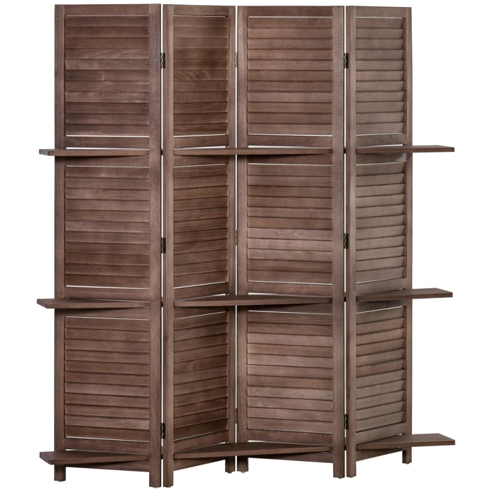 Paravent intérieur 4 panneaux 3 étagères pliables séparateur de pièce portes persiennes bois de paulownia aspect acajou foncé