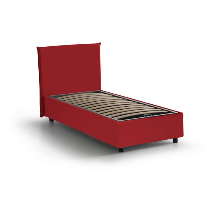 Letto singolo Argentino, Letto contenitore con rivestimento in tessuto, 100% Made in Italy, Apertura frontale, adatto per materasso Cm 80x190, Rosso
