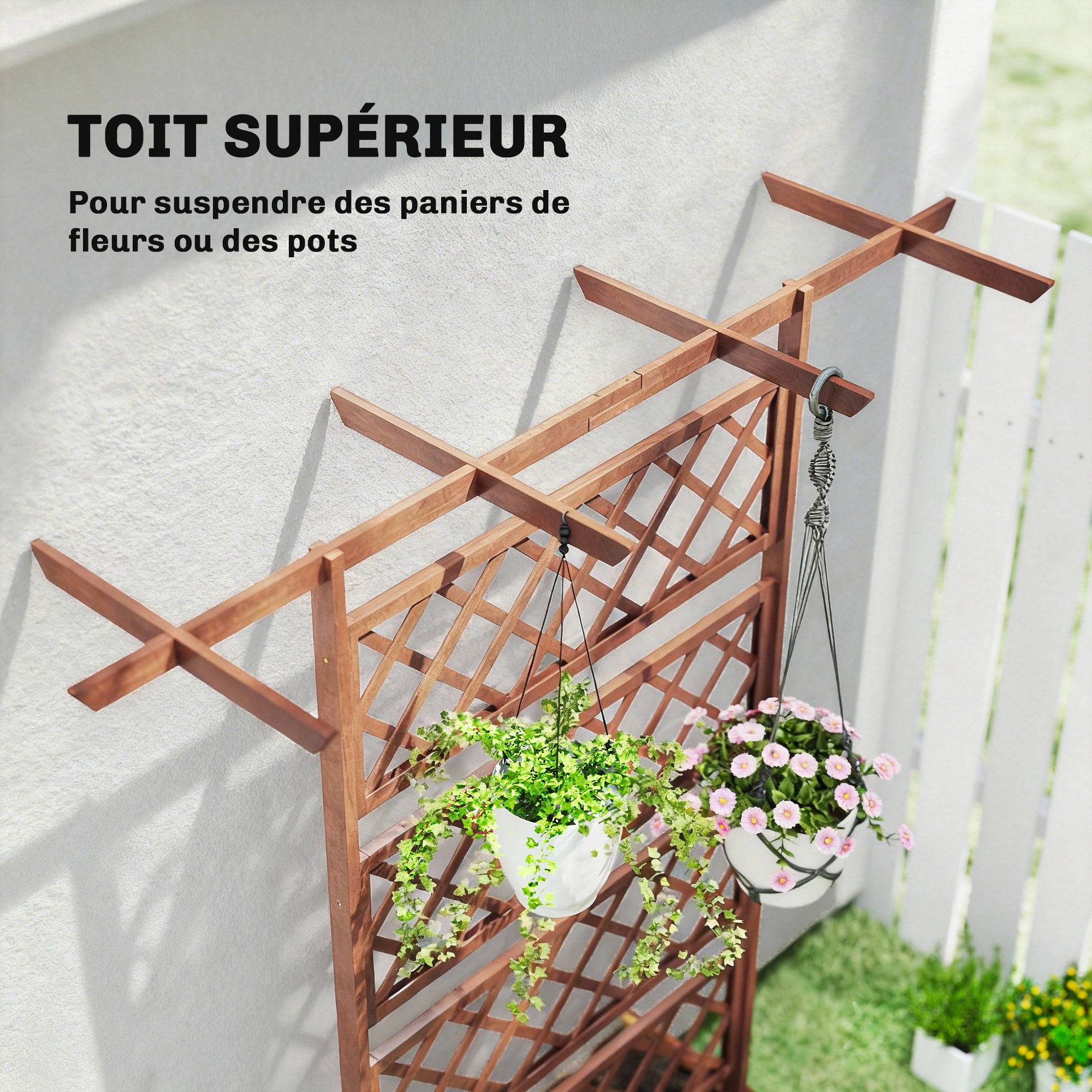 Jardinière treillis haut central avec poutres bois verni