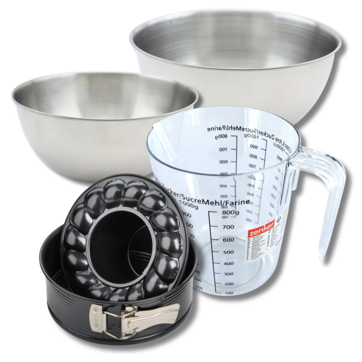 Set pâtisserie avec moule à manqué et à savarin, 2 bols à mixer, verre mesureur et spatule Zenker