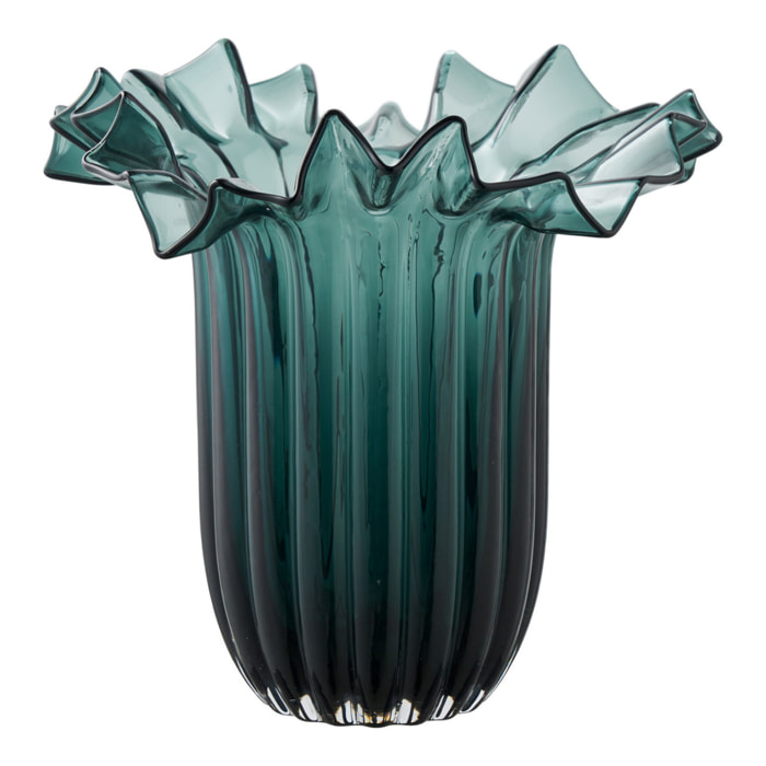 Vaso soffiato a bocca in vetro verde scuro con bordo ondulato ø25×30 cm