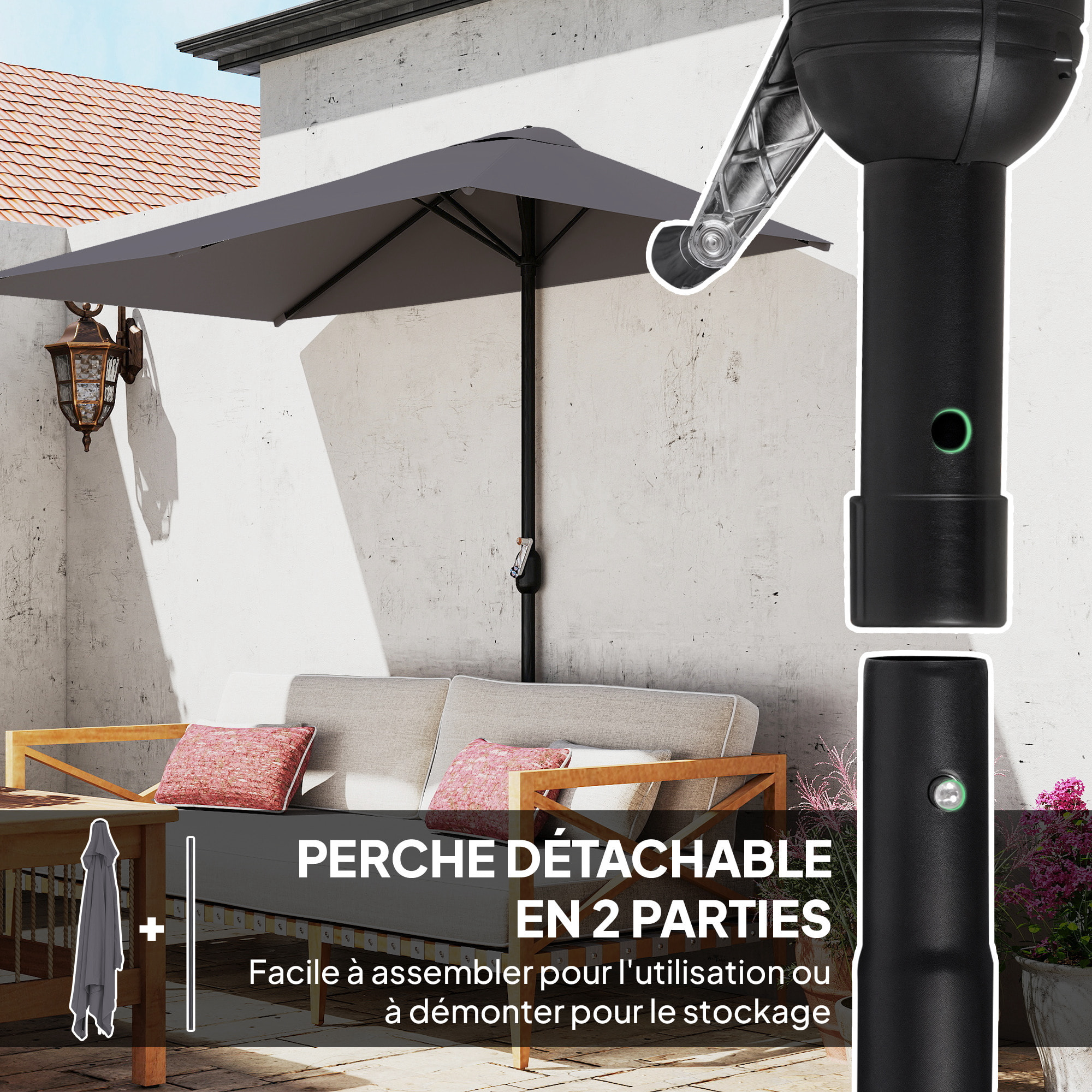 Demi-parasol Ø 230 cm Parasol de balcon terrasse avec manivelle Protection solaire UV Polyester pour contre au mur, porche, balcon crème
