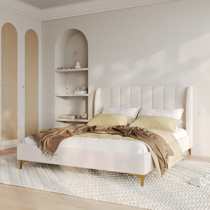Lit double 160x200 cm en tissu beige et pieds doré - Koda