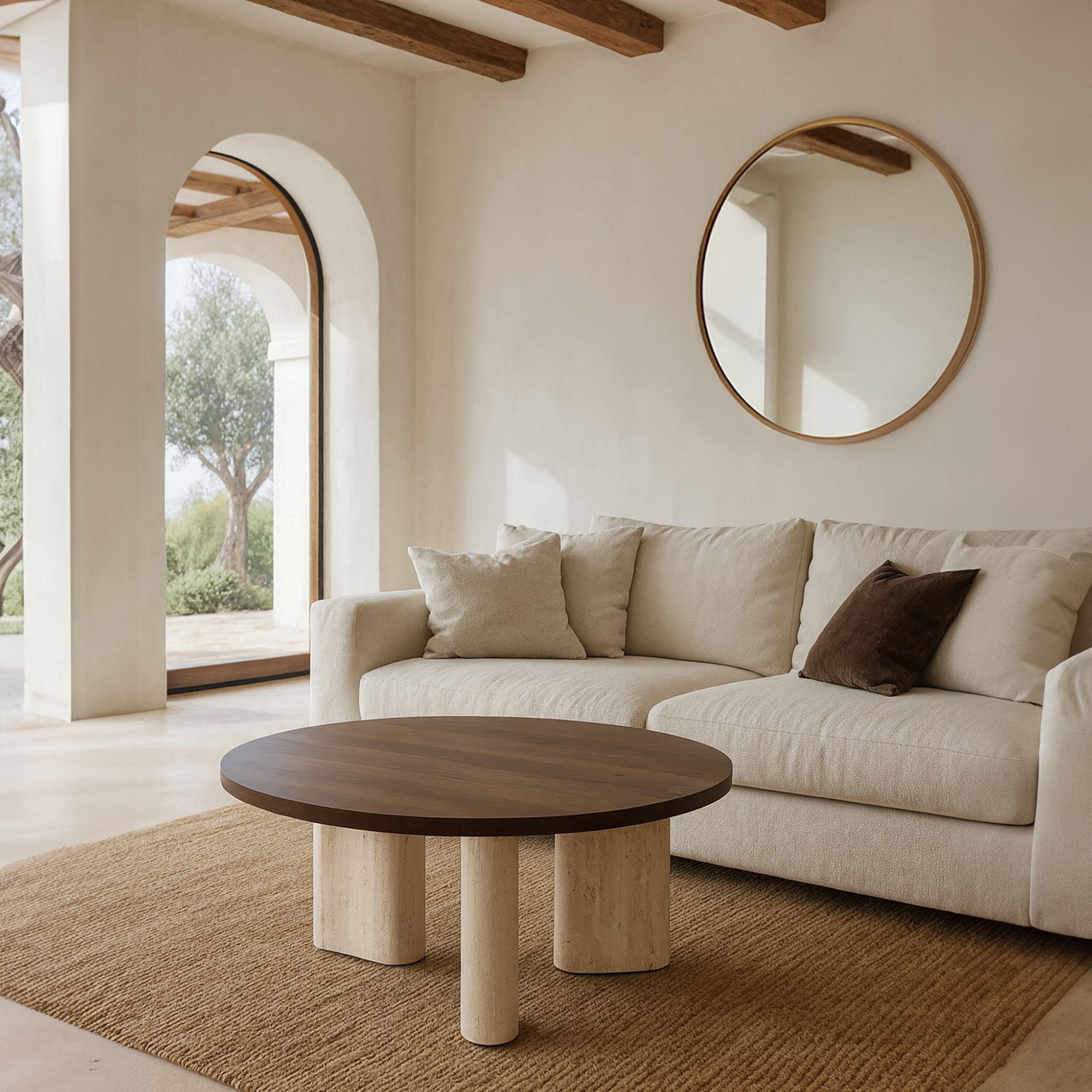 Table basse ronde avec plateau foncé 80cm en effet travertin et noyer AMBER