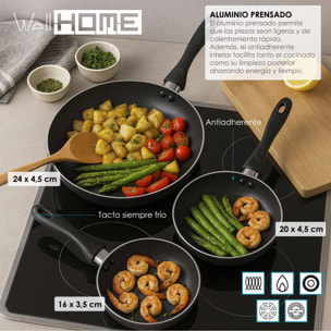 set de batería de cocina de 7pc en acero inoxidable + 3 sartenes ø16ø20ø24cm gris metalizado en aluminio prensado
