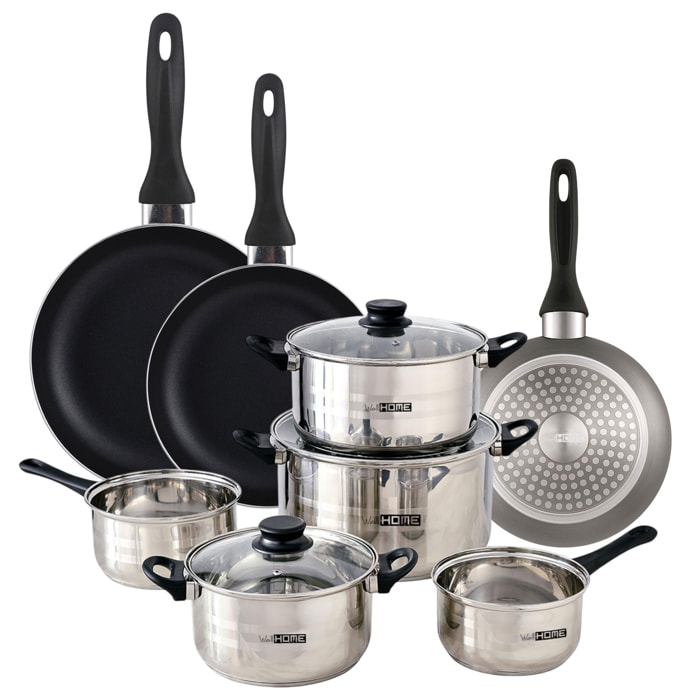 set de batería de cocina de 8pc en acero inoxidable + 3 sartenes ø16ø20ø24cm gris metalizado en aluminio prensado