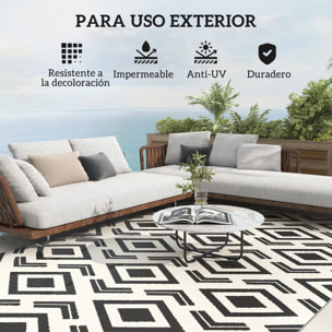 Alfombra de Exterior 182x274 cm Alfombra Reversible con Patrón Geométrico Impermeable Bolsa de Transporte para Terraza Balcón Patio Camping Playa Blanco y Negro