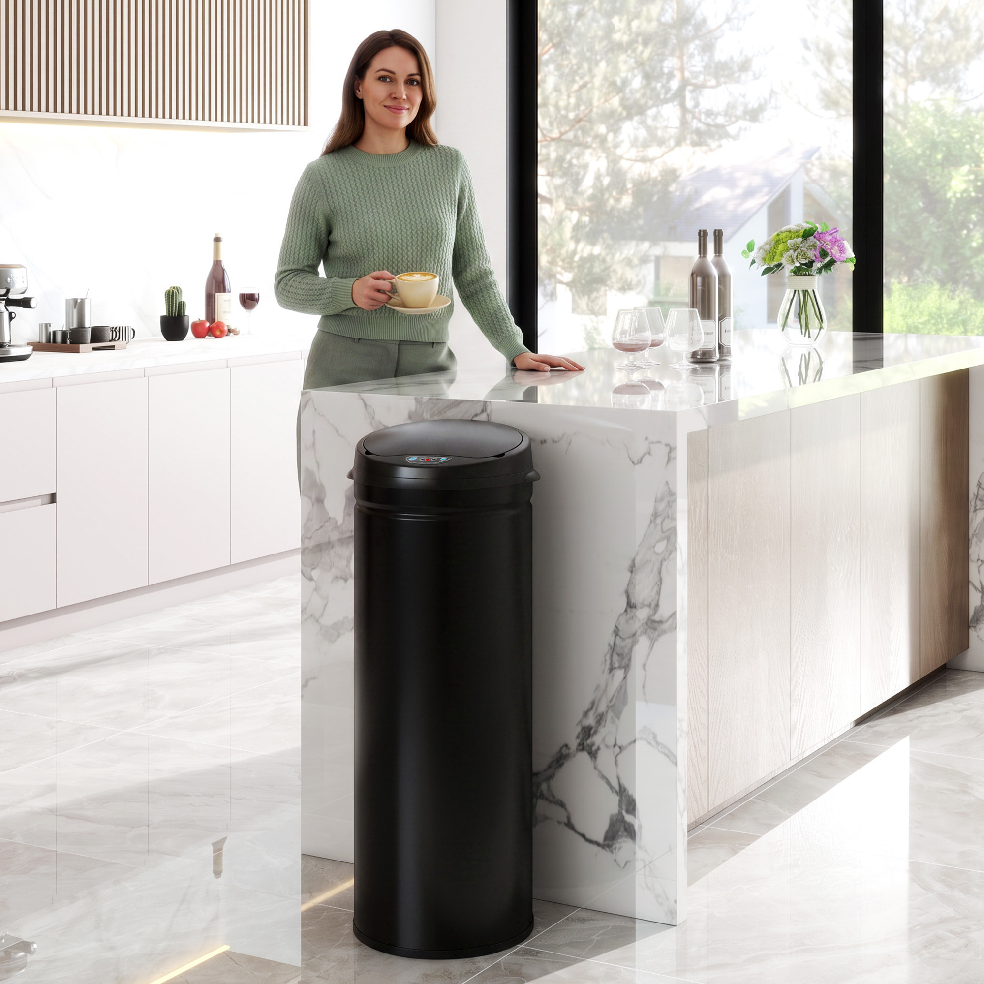 HOMCOM Cubo de Basura Cocina Automático 50 L, Papelera de Cocina de Acero Inoxidable, Sensor Infrarrojo, Cierre Automático, Antihuellas, para Dormitorio, Oficina, Negro