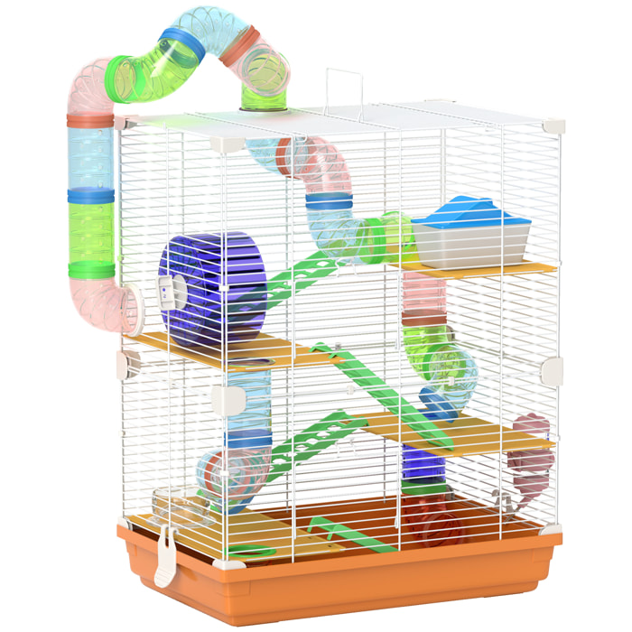 Cage pour hamster souris rongeur 4 étages avec tunnels mangeoire roue maison échelles dim. 46L x 30l x 58H cm orange