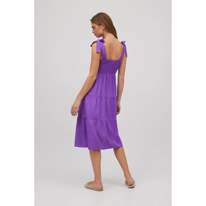 Abito midi in lino con spalline larghe viola