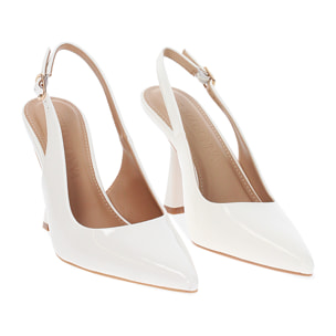 Décolleté slingback donna bianche in vernice, tacco 7,5 cm