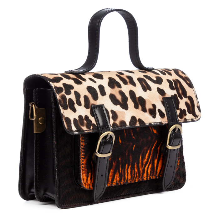 Assoro borsa a tracolla con doppia fibbia, pelle autentica Cavallino stampa animalier.