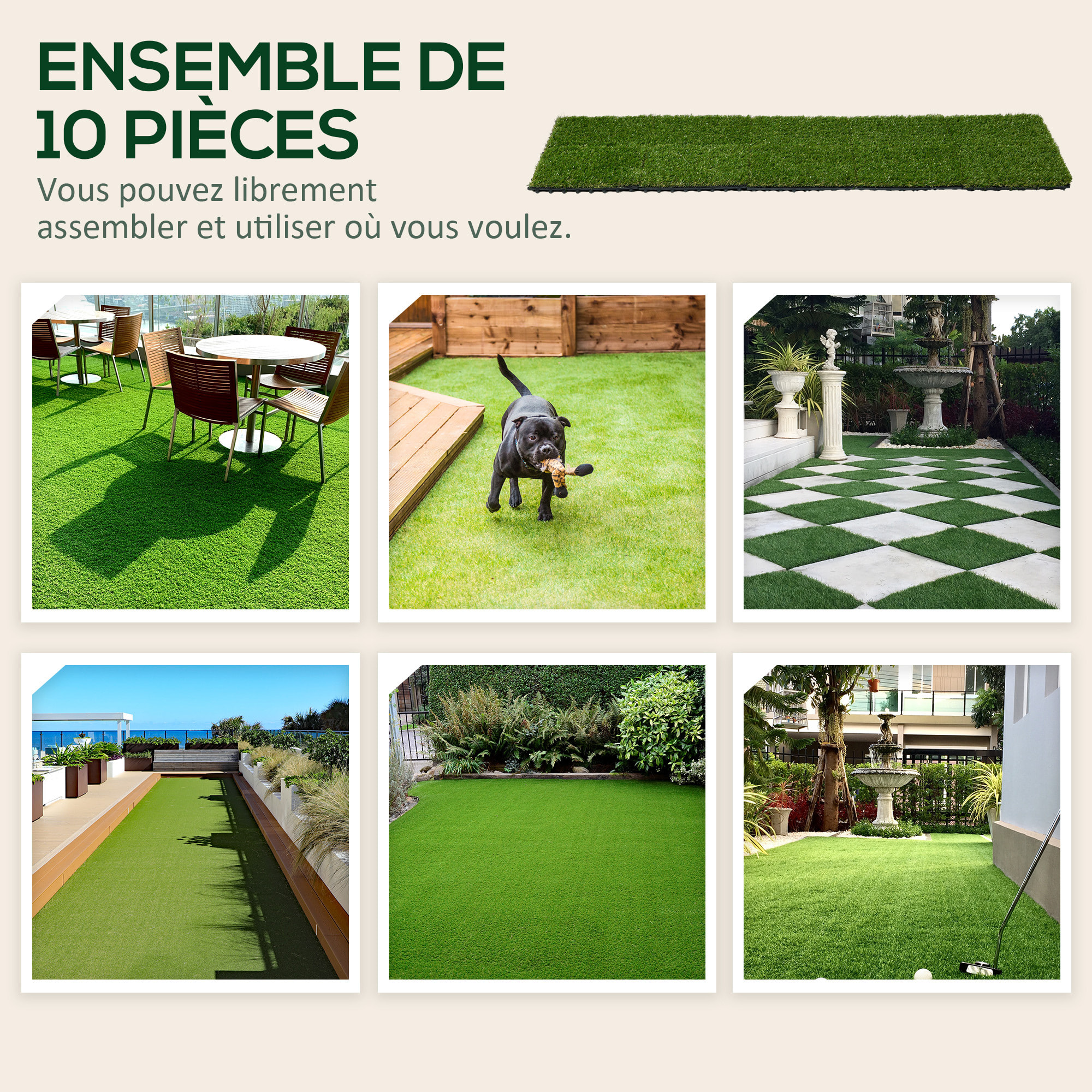 Gazon synthétique artificiel set de 10 dalles carreaux 30 x 30 cm épaisseur confort 3,5 cm à emboîter vert