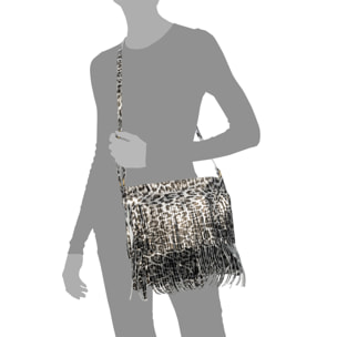 Avise bolso bandolera con flecos mujer. Piel auténtica Gamuza con estampado animal print leopardo lacada brillante.