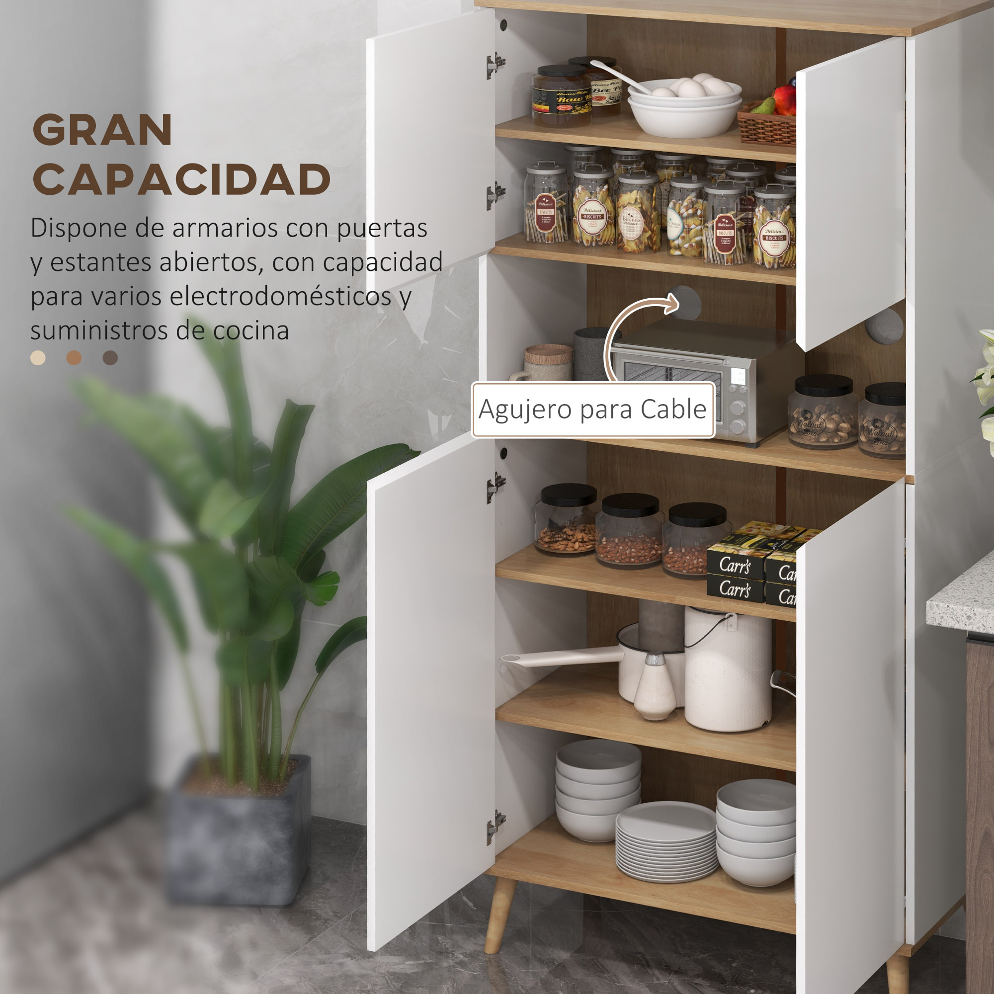 Alacena de Cocina Mueble Auxiliar de Cocina con 4 Puertas Encimera para Microondas Estantes Ajustables Orificio de Cable y Patas de Madera Estilo Moderno Blanco 80x40x178 cm