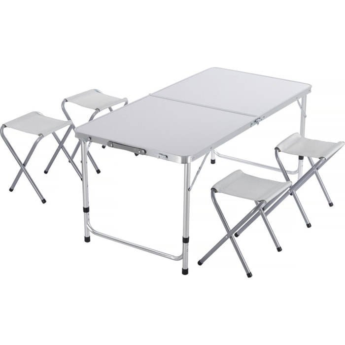 Ensembe table de camping et 4 tabourets pliants - 125 x 60 cm - Blanc