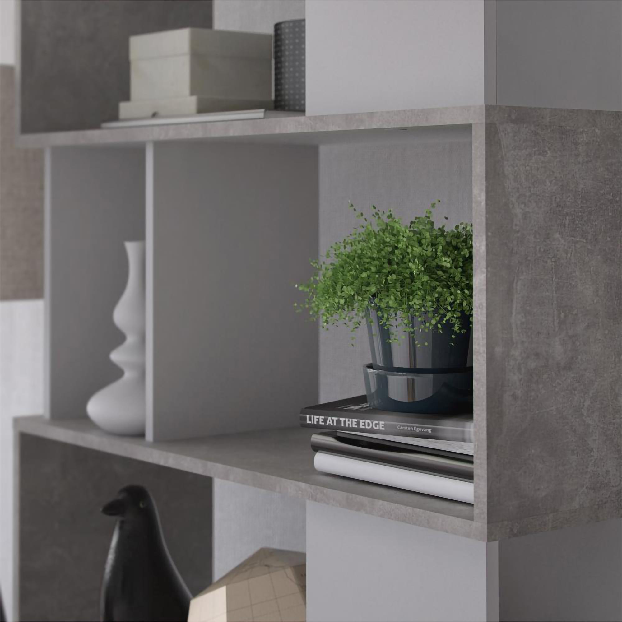 Libreria con 5 ripiani asimmetrici, colore bianco e grigio, Misure 80 x 175 x 29,5 cm