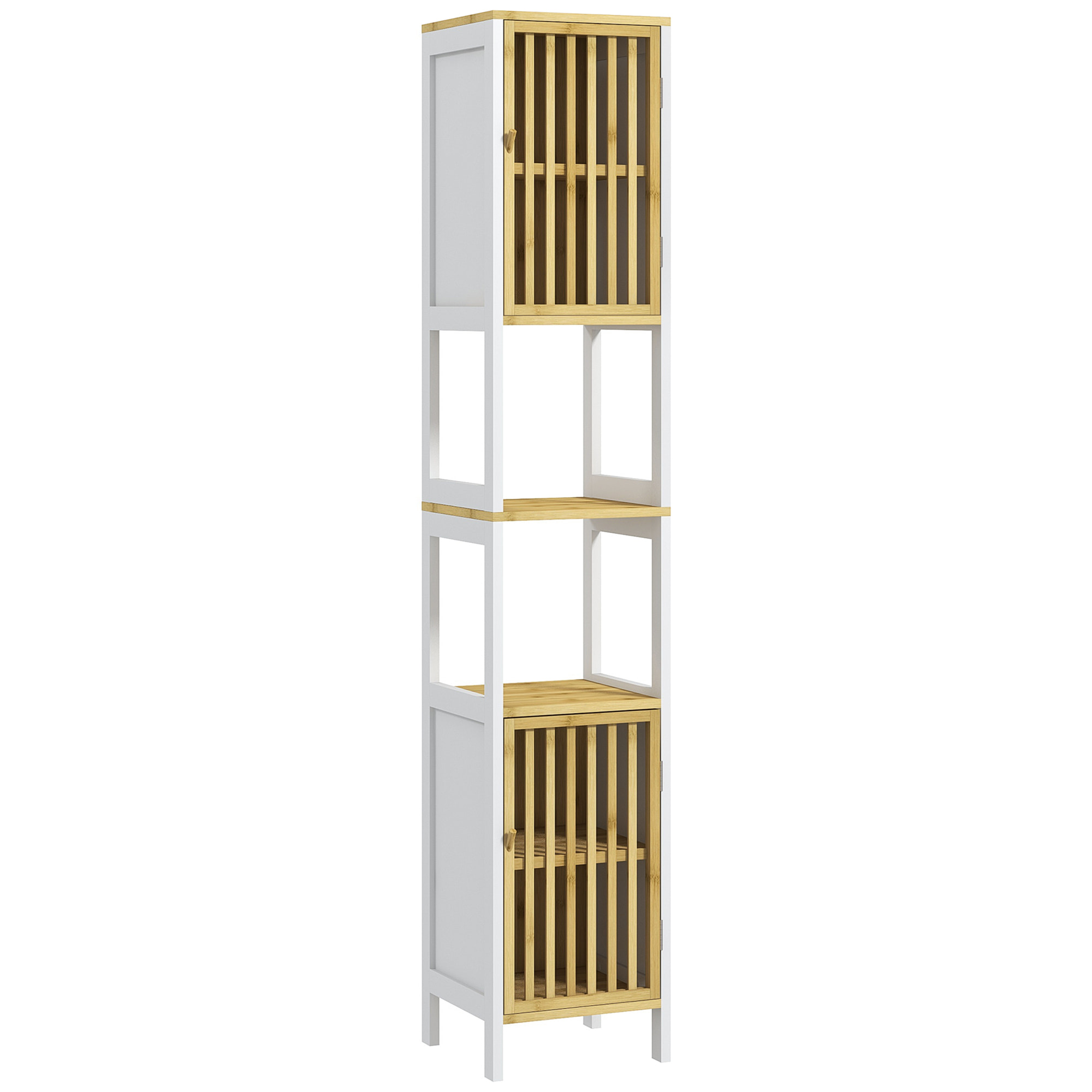 Armario Alto de Baño Columna de Baño Mueble Auxiliar de Baño con 2 Compartimentos Abiertos 2 Puertas de Rejilla y Estantes Ajustables 32x30x172 cm Blanco