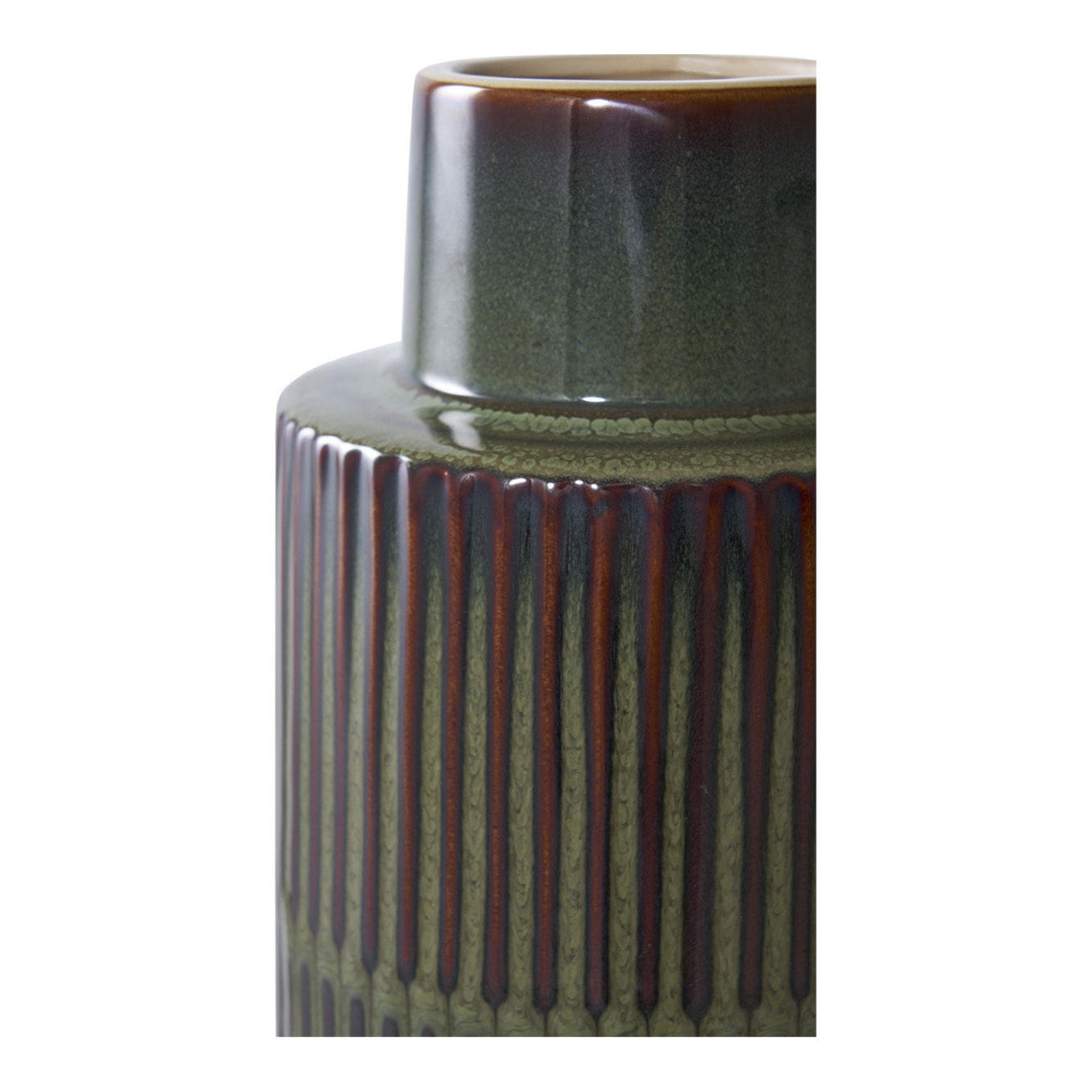 Vaso in ceramica verde e marrone con scanalature verticali ø16×h30 cm