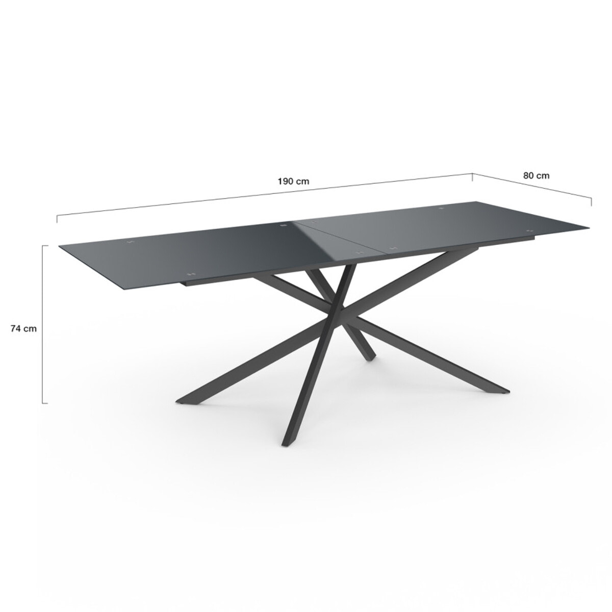 Table de jardin plateau en verre trempé noir et pieds croisés 240cm