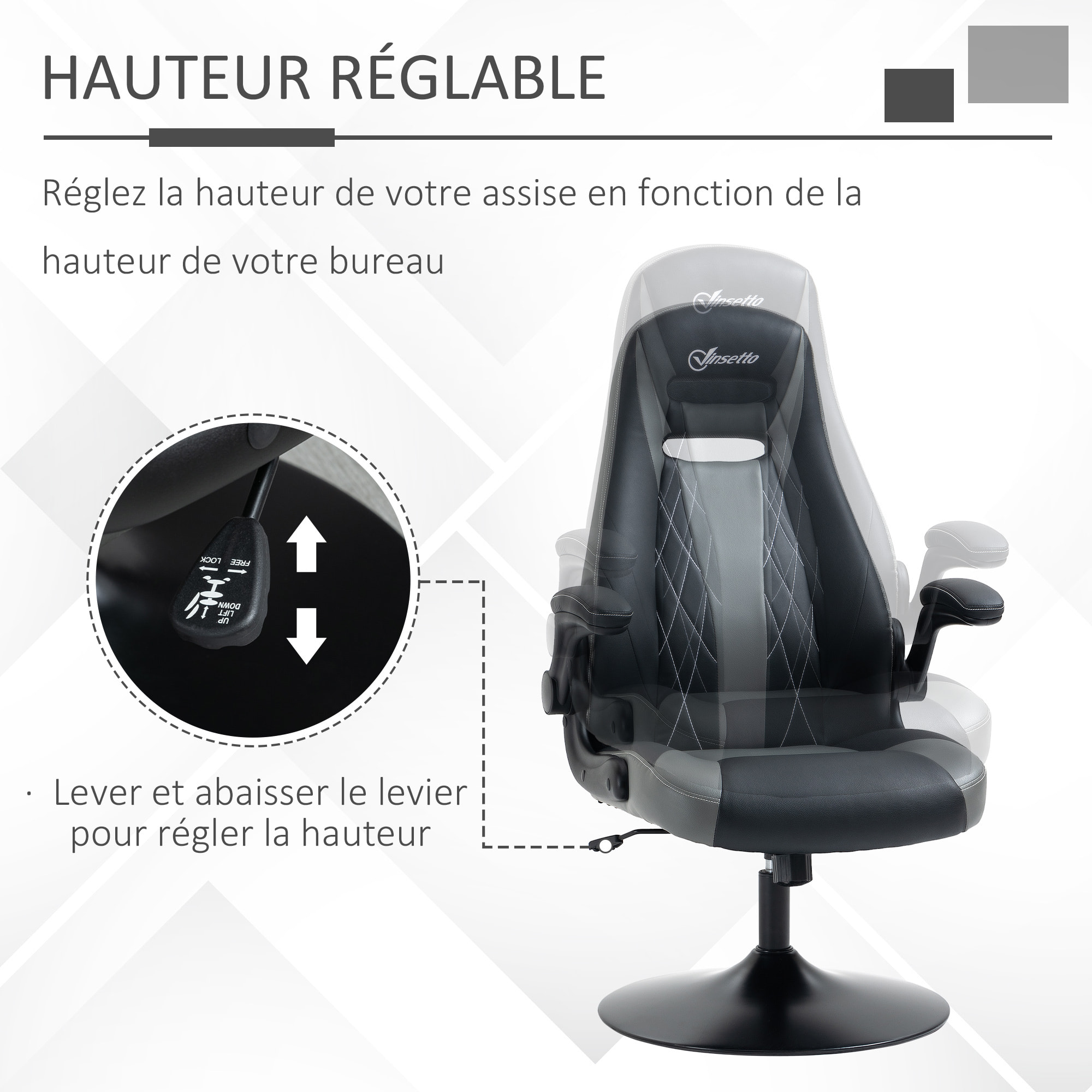 Fauteuil gaming base ronde métal pivotante 360° hauteur réglable fonction dossier bascule accoudoirs relevables PU gris noir