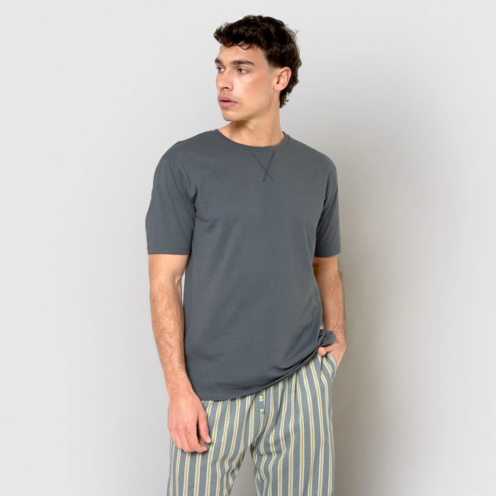 Pigiama lungo in cotone a maniche corte, a righe schon, blu-grigie