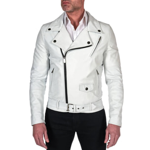 Chiodo biker in pelle bianca con cintura nappa effetto liscio