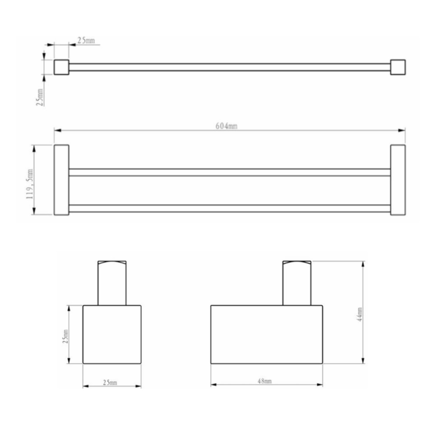 Multi set de deux crochets de salle de bain + porte-serviettes 2 barres, longueur de 60 cm, chrome (ELEMULTI-SET8)