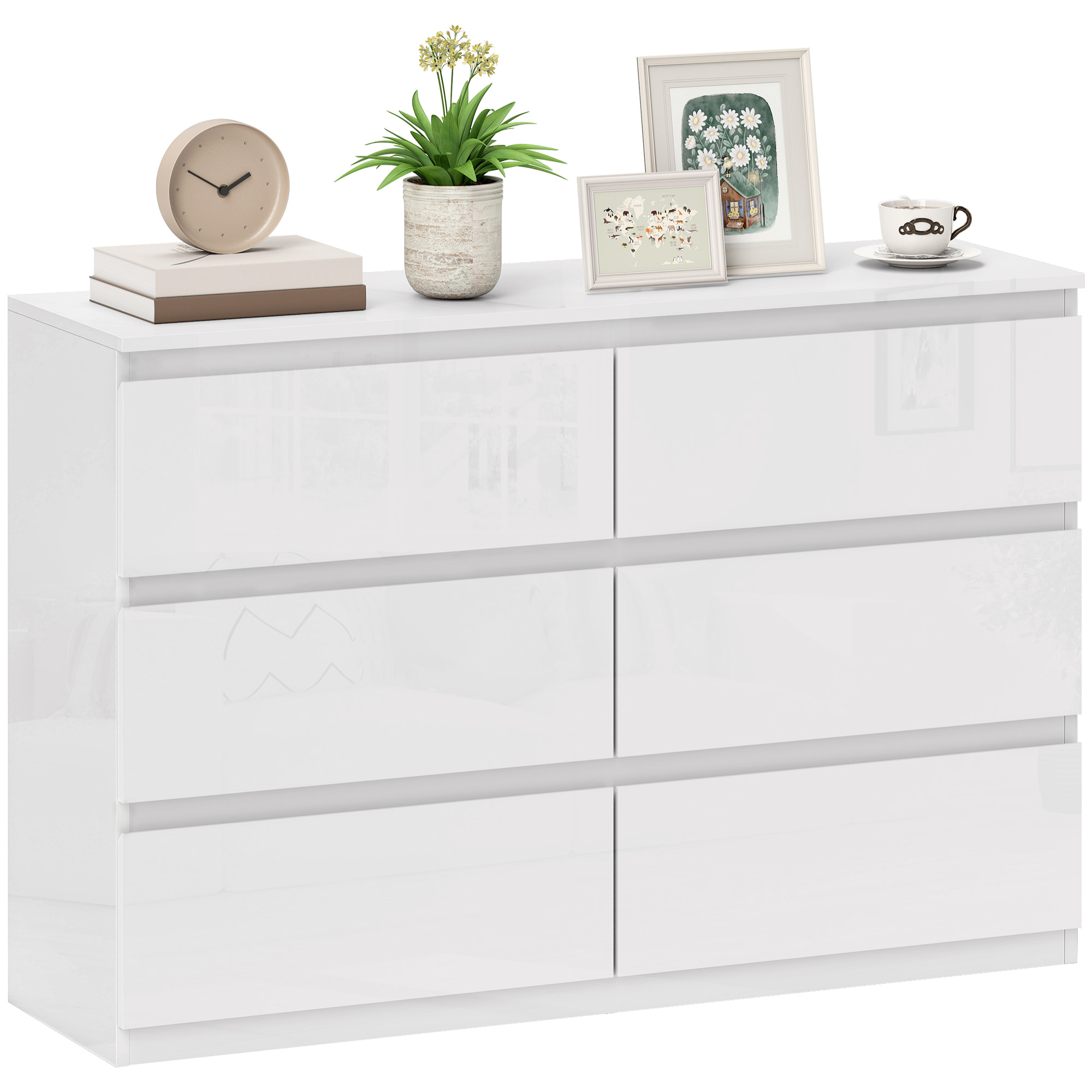 Cómoda 6 Cajones, Cómoda Dormitorio, Cajonera para Salón, Oficina, Pasillo, Estilo Moderno, Antivuelco, 112x34x75 cm, Blanco Brillo