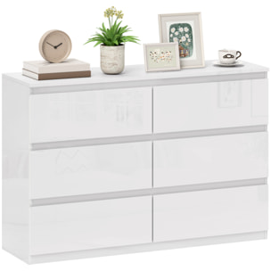 Cómoda 6 Cajones, Cómoda Dormitorio, Cajonera para Salón, Oficina, Pasillo, Estilo Moderno, Antivuelco, 112x34x75 cm, Blanco Brillo