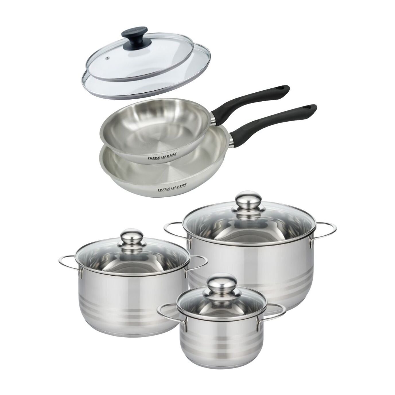 Set de 2 poêles en inox et couvercles, 3 faitouts inox 16, 20 et 24 cm Fackelmann Geneva