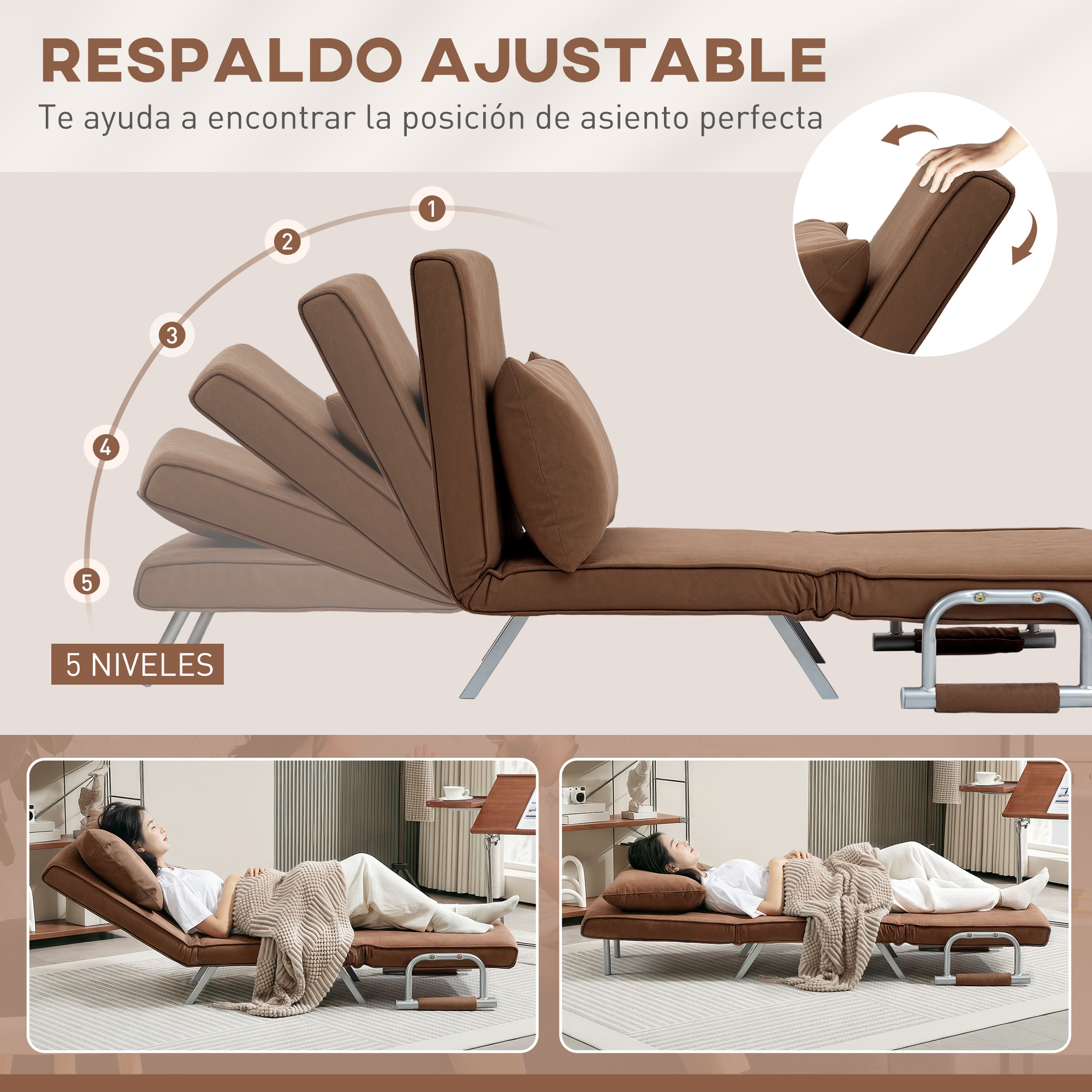 Sofá Cama de 1 Plaza 2 en 1, Sillón Cama Plegable Tapizado en Ante Sintético, con Respaldo Ajustable en 5 Niveles y Almohada Acolchada, para Oficina, Dormitorio, Salón, 65x69x80 cm, Marrón