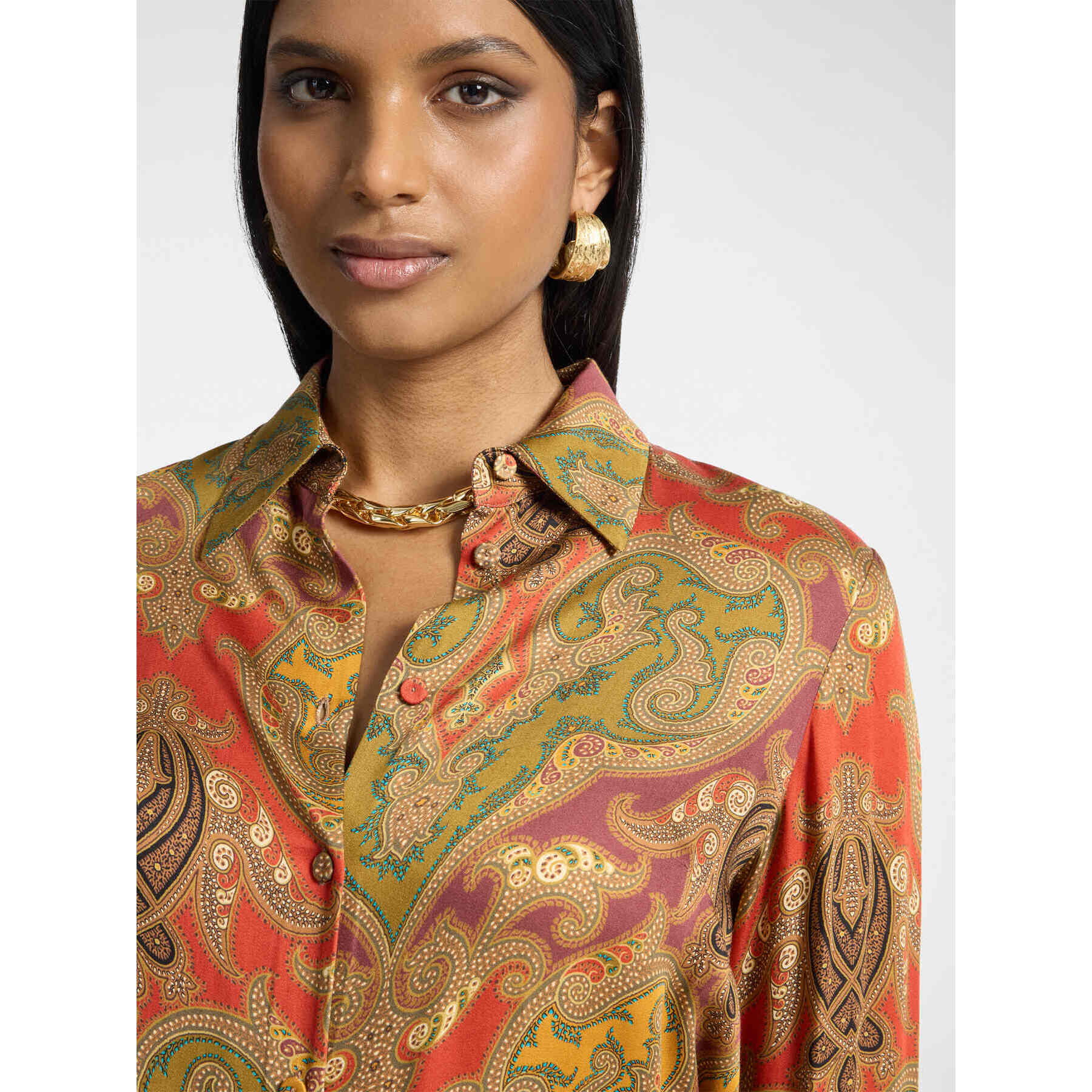 Elena Mirò - Camisa de raso estampada patchwork - Naranja sol