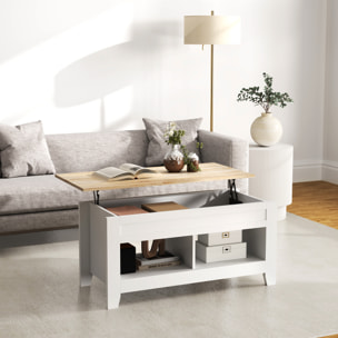 Table basse rectangulaire plateau relevable 2 niches et coffre panneaux particules blanc aspect bois clair