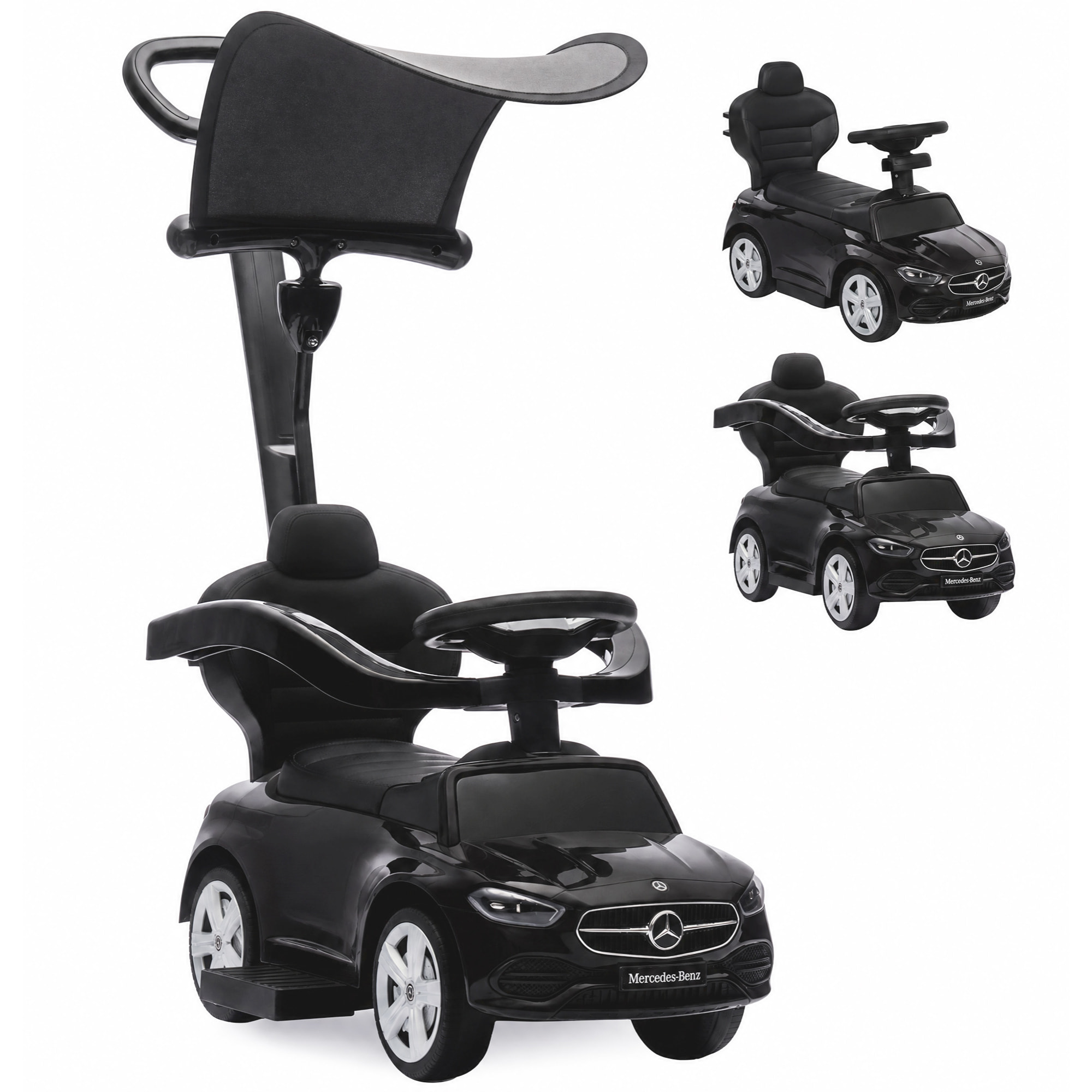 Correpasillos para Bebés 3 en 1 Mercedes-Benz, Coche Correpasillos con Barra de Empuje, Capota Extraíble, Barandilla de Seguridad, Claxon, Música, Almacenaje Bajo Asiento, 12-36 Meses, Negro