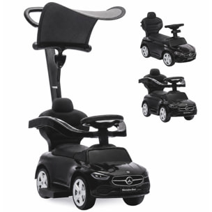 Correpasillos para Bebés 3 en 1 Mercedes-Benz, Coche Correpasillos con Barra de Empuje, Capota Extraíble, Barandilla de Seguridad, Claxon, Música, Almacenaje Bajo Asiento, 12-36 Meses, Negro
