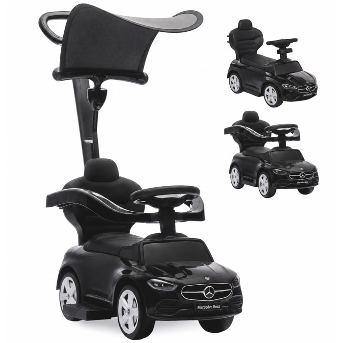 Correpasillos para Bebés 3 en 1 Mercedes-Benz, Coche Correpasillos con Barra de Empuje, Capota Extraíble, Barandilla de Seguridad, Claxon, Música, Almacenaje Bajo Asiento, 12-36 Meses, Negro