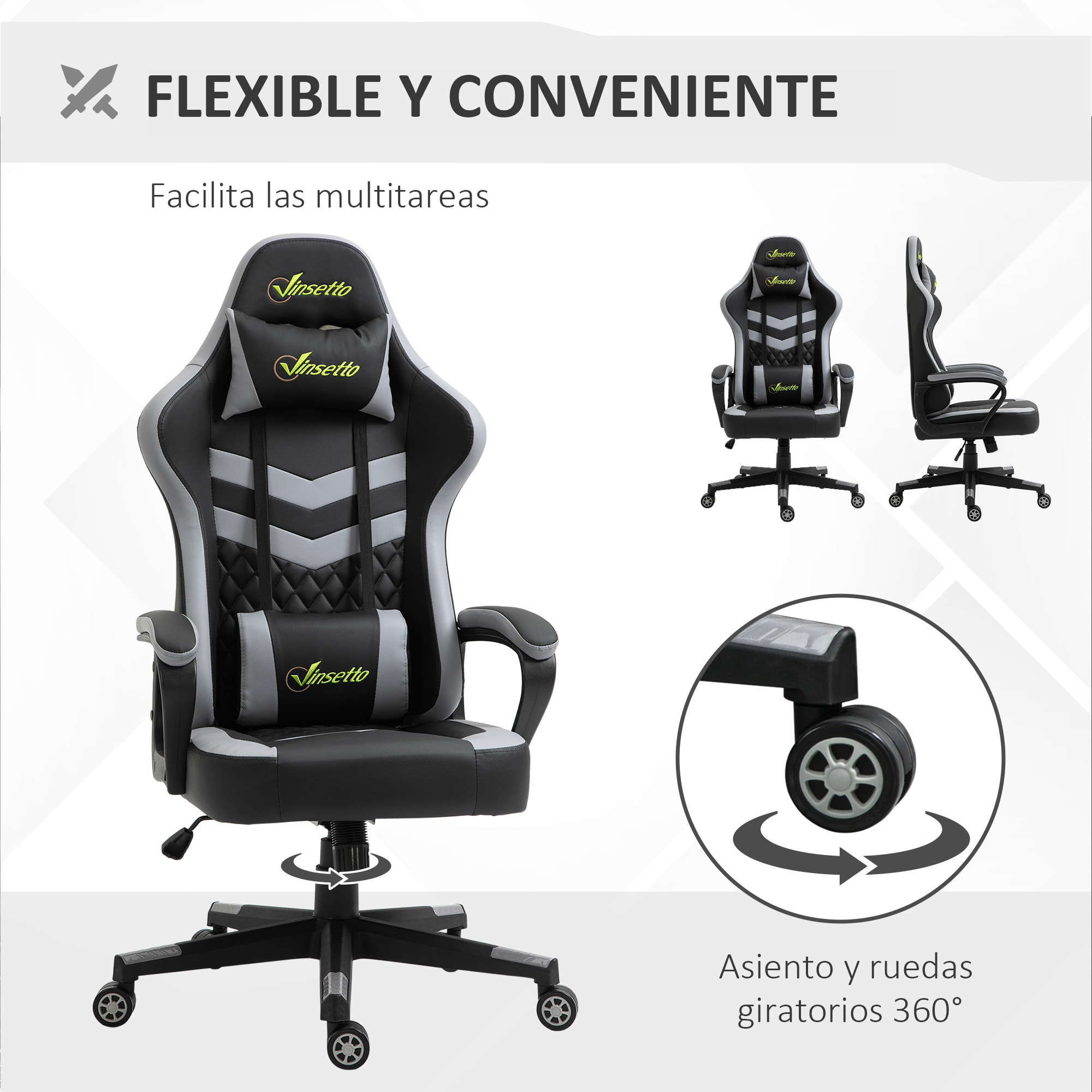 Silla Gaming Basculante Silla Gamer Altura Regulable con Reposacabezas y Cojín Lumbar para Oficina Dormitorio Carga 120 kg 61x70x121-129 cm Negro y Gris