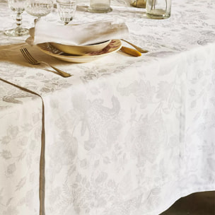 Chemin de table lin & coton anti tache motif jacquard Mille giverny blanc