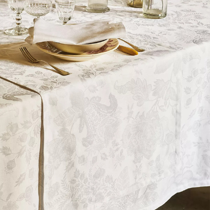 Chemin de table lin & coton anti tache motif jacquard Mille giverny blanc