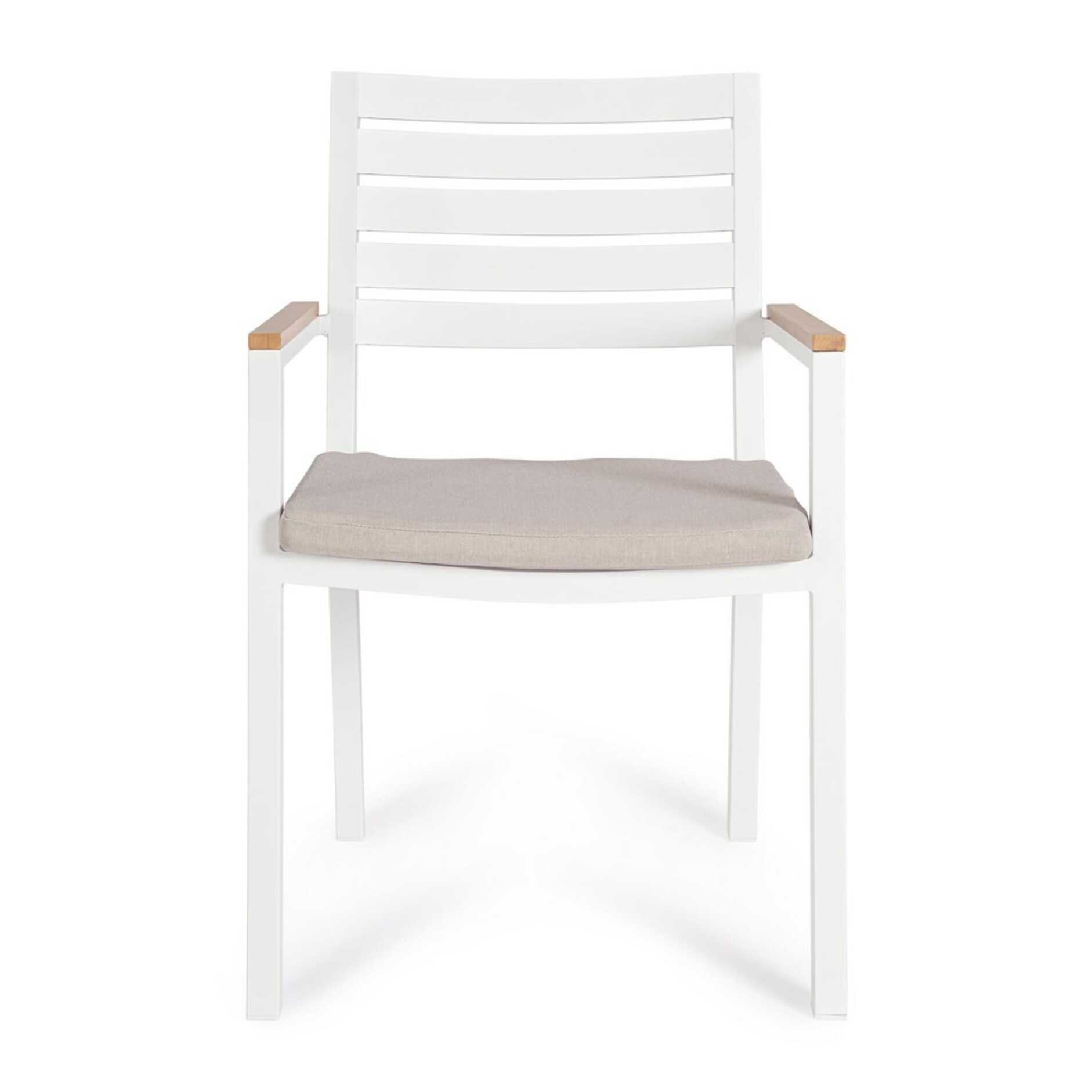 Set 4 sedie da giardino ELDA con cuscino beige, braccioli effetto legno e struttura bianca