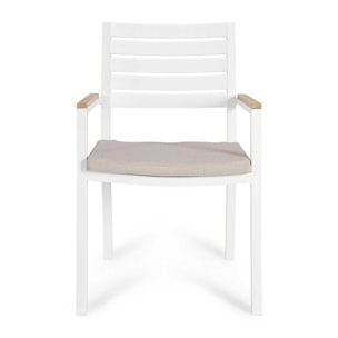 Set 4 sedie da giardino ELDA con cuscino beige, braccioli effetto legno e struttura bianca