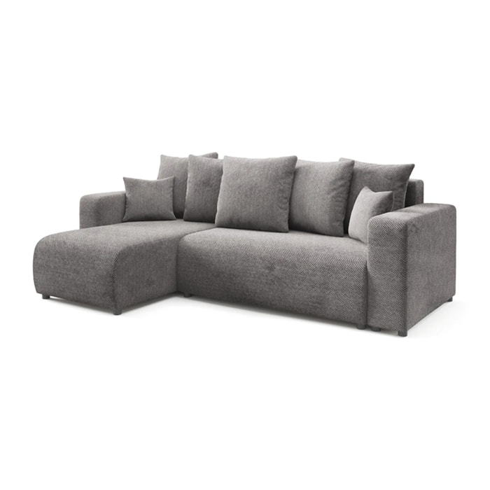 GLORIA - Canapé d'angle gauche convertible 4 places en tissu gris foncé