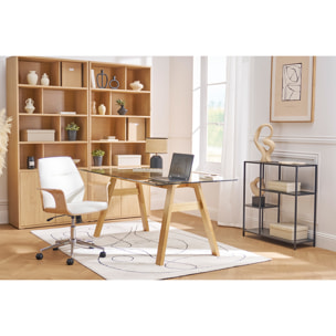 Chaise de bureau à roulettes design en tissu effet velours texturé gris, bois clair et acier chromé RUFIN