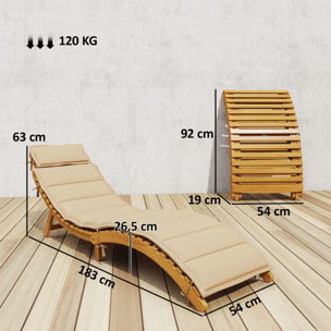 Tumbona Plegable de Madera de Acacia con Cojín y Reposacabezas, Tumbona Jardín Exterior con Asa de Transporte, Carga 120 kg, para Patio, Terraza, Piscina, 183x54x63 cm, Beige