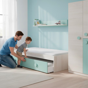 Letto Singolo A Scomparsa Per Ragazzi Con Letto Estraibile E Mensola A Muro Salvaspazio Per Cameretta Camera 201x43x98 Cm Bianco Alpi e Verde Acqua